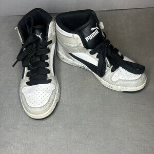 Kids Puma High Top Sneakers | Black White Gray Lace-Up Street Style Shoes 4.5